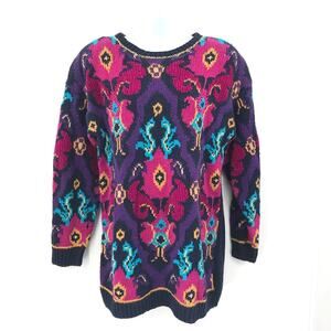 Preferred Classix Vintage Hand Knitted Pullover Sweater Bold Floral Print Gold M